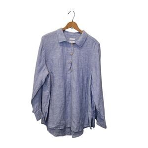 Sigrid Olsen Blue Linen Popover Top Roll Tab Sleeves Size 1X Lightweight Coastal